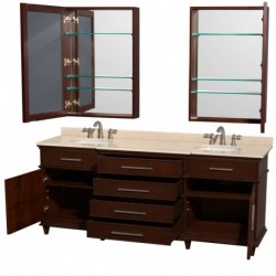 80 inch Double Bathroom Vanity in Dark Chestnut, Ivory Marble Countertop, Undermount Round Sinks, 24 inch Medicine Cabinets