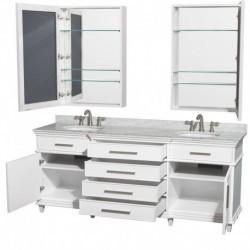 80 inch Double Bathroom Vanity in White, White Carrera Marble Countertop, Undermount Round Sinks, 24 inch Medicine Cabinets