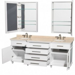 80 inch Double Bathroom Vanity in White, Ivory Marble Countertop, Undermount Round Sinks, 24 inch Medicine Cabinets