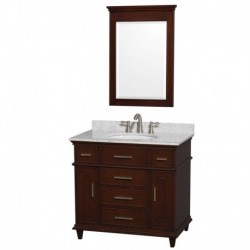 36 inch Single Bathroom Vanity in Dark Chestnut with White Carrera Marble Top with White Undermount Oval Sink and 24 inch Mirro