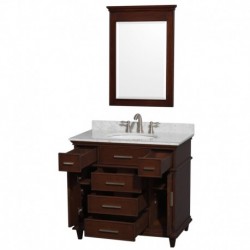 36 inch Single Bathroom Vanity in Dark Chestnut with White Carrera Marble Top with White Undermount Oval Sink and 24 inch Mirro