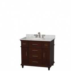 36 inch Single Bathroom Vanity in Dark Chestnut with White Carrera Marble Top with White Undermount Oval Sink and No Mirror