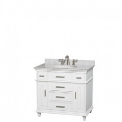 36 inch Single Bathroom Vanity in White with White Carrera Marble Top with White Undermount Oval Sink and 24 inch Mirror