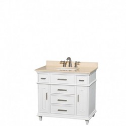 36 inch Single Bathroom Vanity in White with Ivory Marble Top with White Undermount Oval Sink and No Mirror