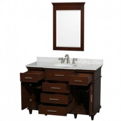 48 inch Single Bathroom Vanity in Dark Chestnut with White Carrera Marble Top with White Undermount Oval Sink and 24 inch Mirro