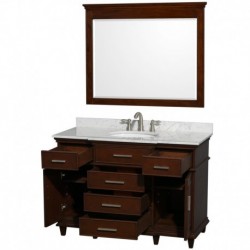 48 inch Single Bathroom Vanity in Dark Chestnut with White Carrera Marble Top with White Undermount Oval Sink and 44 inch Mirro