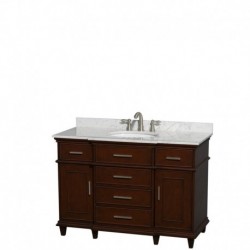 48 inch Single Bathroom Vanity in Dark Chestnut with White Carrera Marble Top with White Undermount Oval Sink and No Mirror