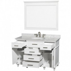 48 inch Single Bathroom Vanity in White with White Carrera Marble Top with White Undermount Oval Sink and 44 inch Mirror