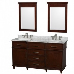 60 inch Double Bathroom Vanity in Dark Chestnut with White Carrera Marble Top with White Undermount Oval Sinks and 24 inch Mirr