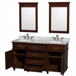 60 inch Double Bathroom Vanity in Dark Chestnut with White Carrera Marble Top with White Undermount Oval Sinks and 24 inch Mirr