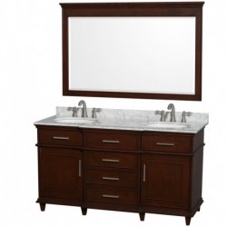 60 inch Double Bathroom Vanity in Dark Chestnut with White Carrera Marble Top with White Undermount Oval Sinks and 56 inch Mirr