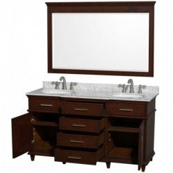 60 inch Double Bathroom Vanity in Dark Chestnut with White Carrera Marble Top with White Undermount Oval Sinks and 56 inch Mirr