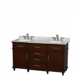 60 inch Double Bathroom Vanity in Dark Chestnut with White Carrera Marble Top with White Undermount Oval Sinks and No Mirror