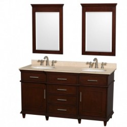 60 inch Double Bathroom Vanity in Dark Chestnut with Ivory Marble Top with White Undermount Oval Sinks and 24 inch Mirrors