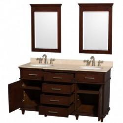 60 inch Double Bathroom Vanity in Dark Chestnut with Ivory Marble Top with White Undermount Oval Sinks and 24 inch Mirrors