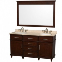 60 inch Double Bathroom Vanity in Dark Chestnut with Ivory Marble Top with White Undermount Oval Sinks and 56 inch Mirror