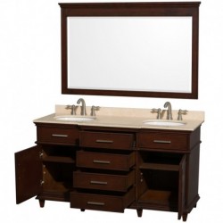 60 inch Double Bathroom Vanity in Dark Chestnut with Ivory Marble Top with White Undermount Oval Sinks and 56 inch Mirror