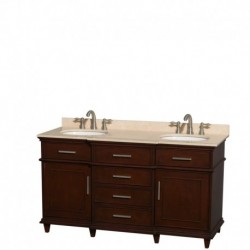 60 inch Double Bathroom Vanity in Dark Chestnut with Ivory Marble Top with White Undermount Oval Sinks and No Mirror