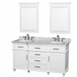 60 inch Double Bathroom Vanity in White with White Carrera Marble Top with White Undermount Oval Sinks and 24 inch Mirrors