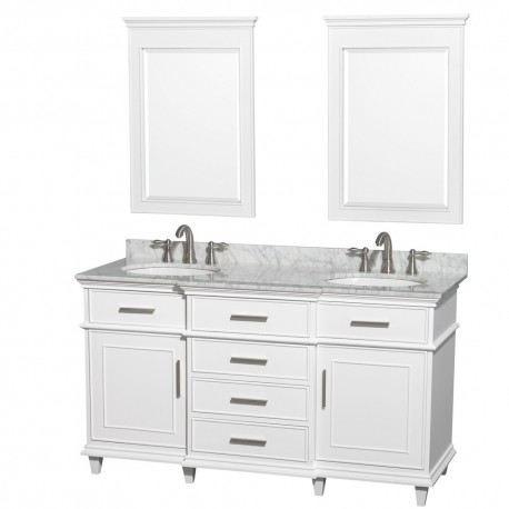 60 inch Double Bathroom Vanity in White with White Carrera Marble Top with White Undermount Oval Sinks and 24 inch Mirrors