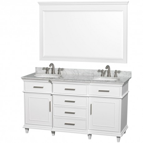 60 inch Double Bathroom Vanity in White with White Carrera Marble Top with White Undermount Oval Sinks and 56 inch Mirror