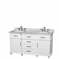 60 inch Double Bathroom Vanity in White with White Carrera Marble Top with White Undermount Oval Sinks and 56 inch Mirror