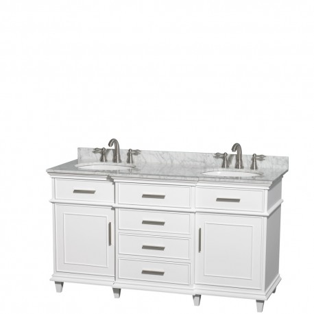60 inch Double Bathroom Vanity in White with White Carrera Marble Top with White Undermount Oval Sinks and No Mirror