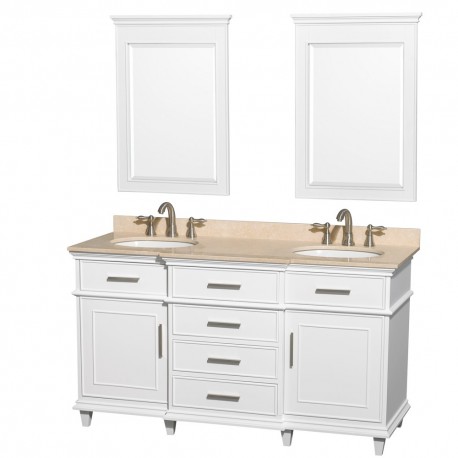 60 inch Double Bathroom Vanity in White with Ivory Marble Top with White Undermount Oval Sinks and 24 inch Mirrors