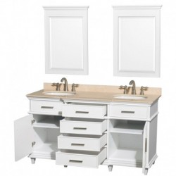 60 inch Double Bathroom Vanity in White with Ivory Marble Top with White Undermount Oval Sinks and 24 inch Mirrors