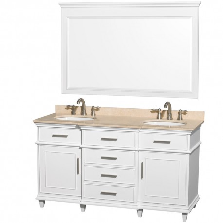 60 inch Double Bathroom Vanity in White with Ivory Marble Top with White Undermount Oval Sinks and 56 inch Mirror