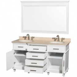 60 inch Double Bathroom Vanity in White with Ivory Marble Top with White Undermount Oval Sinks and 56 inch Mirror