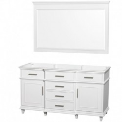 60 inch Double Bathroom Vanity in White with Ivory Marble Top with White Undermount Oval Sinks and 56 inch Mirror
