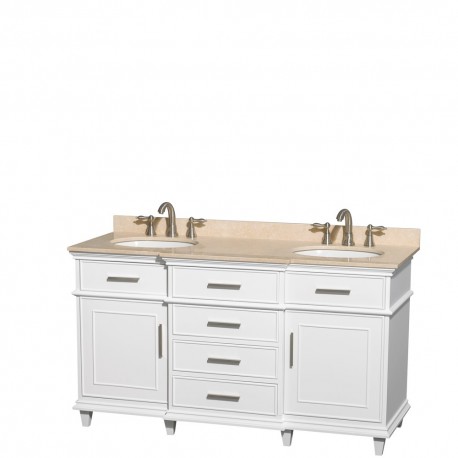 60 inch Double Bathroom Vanity in White with Ivory Marble Top with White Undermount Oval Sinks and No Mirror