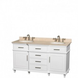 60 inch Double Bathroom Vanity in White with Ivory Marble Top with White Undermount Oval Sinks and No Mirror