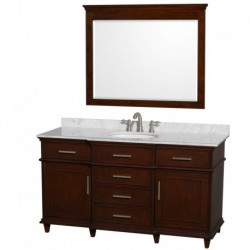 60 inch Single Bathroom Vanity in Dark Chestnut with White Carrera Marble Top with White Undermount Oval Sink and 44 inch Mirro