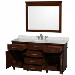 60 inch Single Bathroom Vanity in Dark Chestnut with White Carrera Marble Top with White Undermount Oval Sink and 44 inch Mirro
