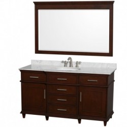 60 inch Single Bathroom Vanity in Dark Chestnut with White Carrera Marble Top with White Undermount Oval Sink and 56 inch Mirro