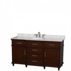 60 inch Single Bathroom Vanity in Dark Chestnut with White Carrera Marble Top with White Undermount Oval Sink and 56 inch Mirro