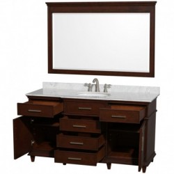 60 inch Single Bathroom Vanity in Dark Chestnut with White Carrera Marble Top with White Undermount Oval Sink and 56 inch Mirro