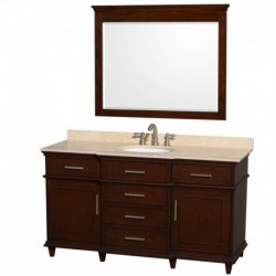 60 inch Single Bathroom Vanity in Dark Chestnut with Ivory Marble Top with White Undermount Oval Sink and 44 inch Mirror