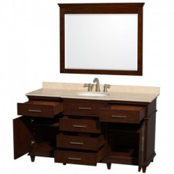 60 inch Single Bathroom Vanity in Dark Chestnut with Ivory Marble Top with White Undermount Oval Sink and 44 inch Mirror