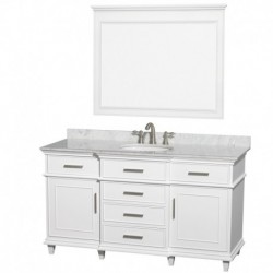 60 inch Single Bathroom Vanity in White with White Carrera Marble Top with White Undermount Oval Sink and 44 inch Mirror
