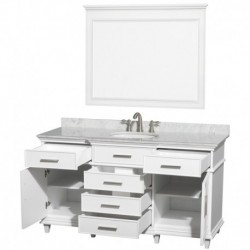 60 inch Single Bathroom Vanity in White with White Carrera Marble Top with White Undermount Oval Sink and 44 inch Mirror
