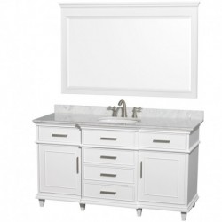 60 inch Single Bathroom Vanity in White with White Carrera Marble Top with White Undermount Oval Sink and 56 inch Mirror