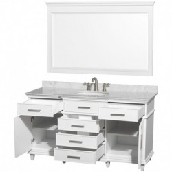 60 inch Single Bathroom Vanity in White with White Carrera Marble Top with White Undermount Oval Sink and 56 inch Mirror