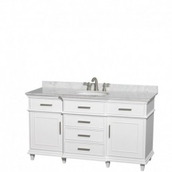 60 inch Single Bathroom Vanity in White with White Carrera Marble Top with White Undermount Oval Sink and No Mirror