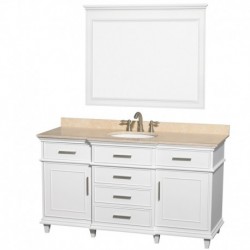60 inch Single Bathroom Vanity in White with Ivory Marble Top with White Undermount Oval Sink and 44 inch Mirror