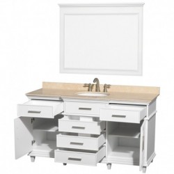 60 inch Single Bathroom Vanity in White with Ivory Marble Top with White Undermount Oval Sink and 44 inch Mirror
