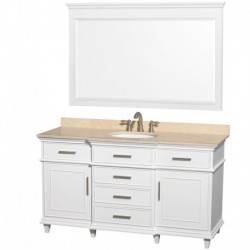 60 inch Single Bathroom Vanity in White with Ivory Marble Top with White Undermount Oval Sink and 56 inch Mirror