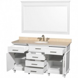 60 inch Single Bathroom Vanity in White with Ivory Marble Top with White Undermount Oval Sink and 56 inch Mirror